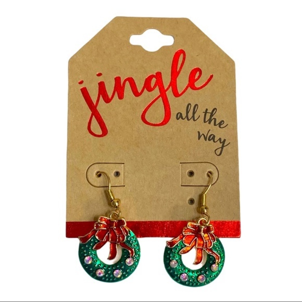 Christmas Wreath Rhinestone Accent Dangle Earrings NWT
